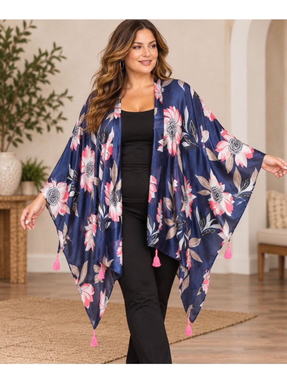 Catherines One Size Navy Floral Kimono Ruana Wrap Pink Tassels Boho Plus
